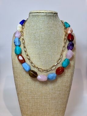 2 Pieces multicolor Lightweight boho Resin beaded and gold chain accent necklace